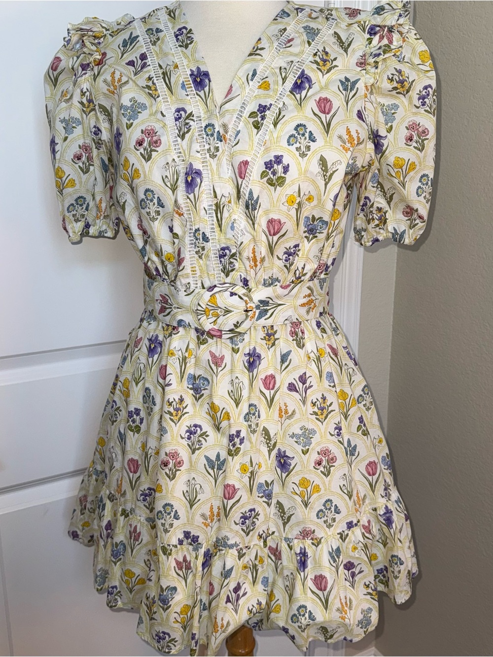 Avara Floral Puff Sleeve Belted Mini Dress - Cream Multi